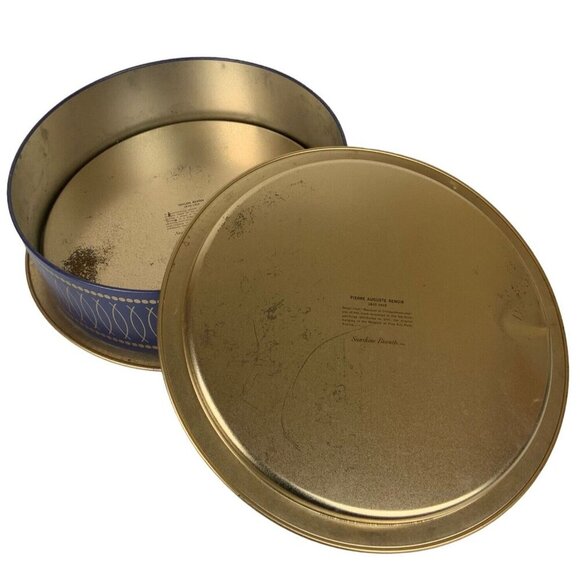 Vintage Sunshine Biscuit Tin Floral Renoir Redon Prints Large Round Blue Gold - Picture 4 of 7